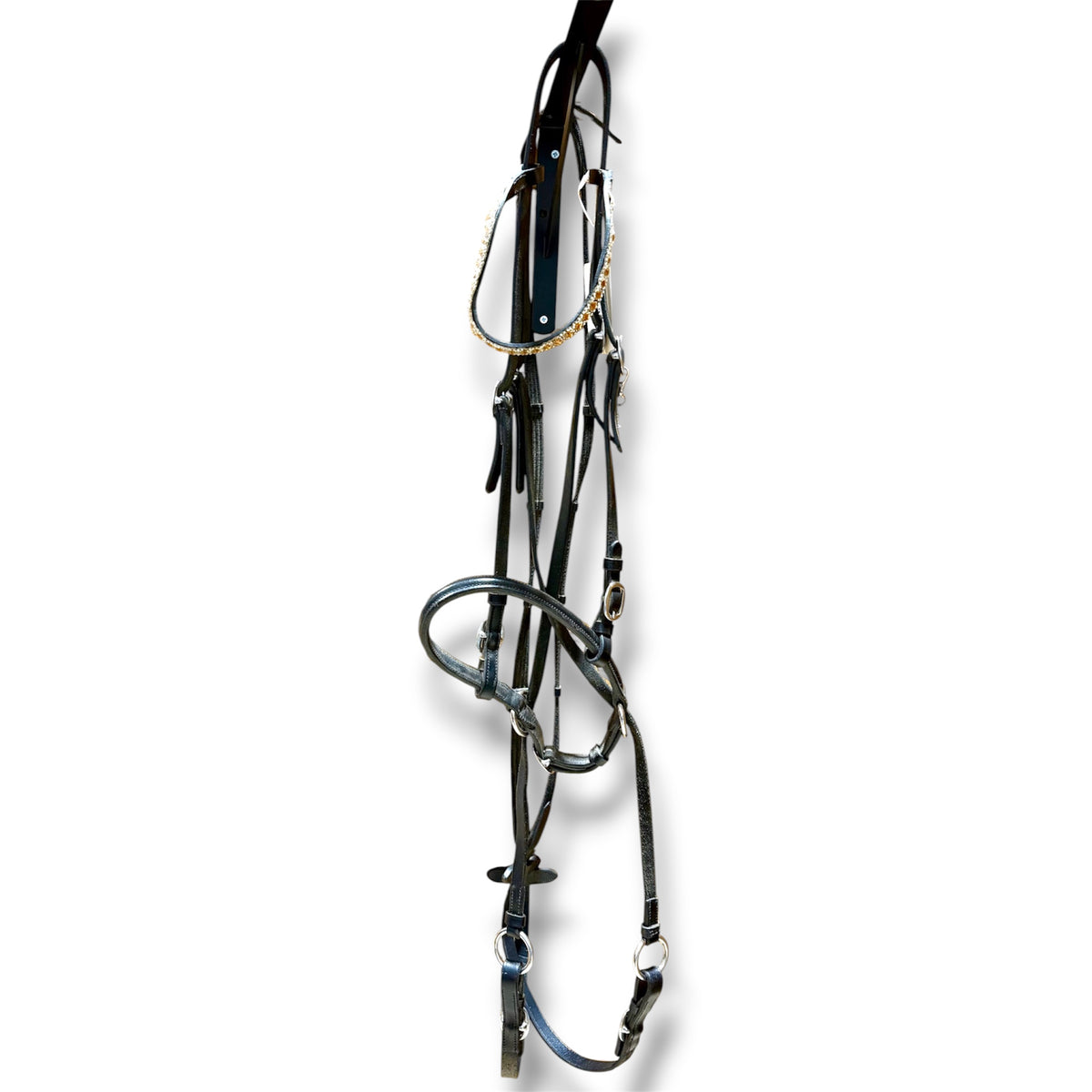 Used Black English Bitless Bridle with Bling Browband & Cotton Grip Reins – Full Size