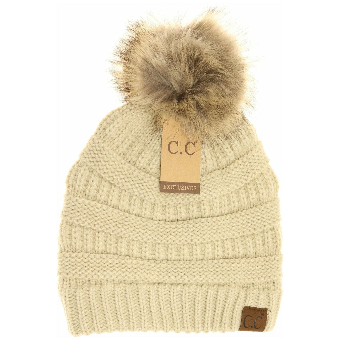 Beige cc beanie with fur pom