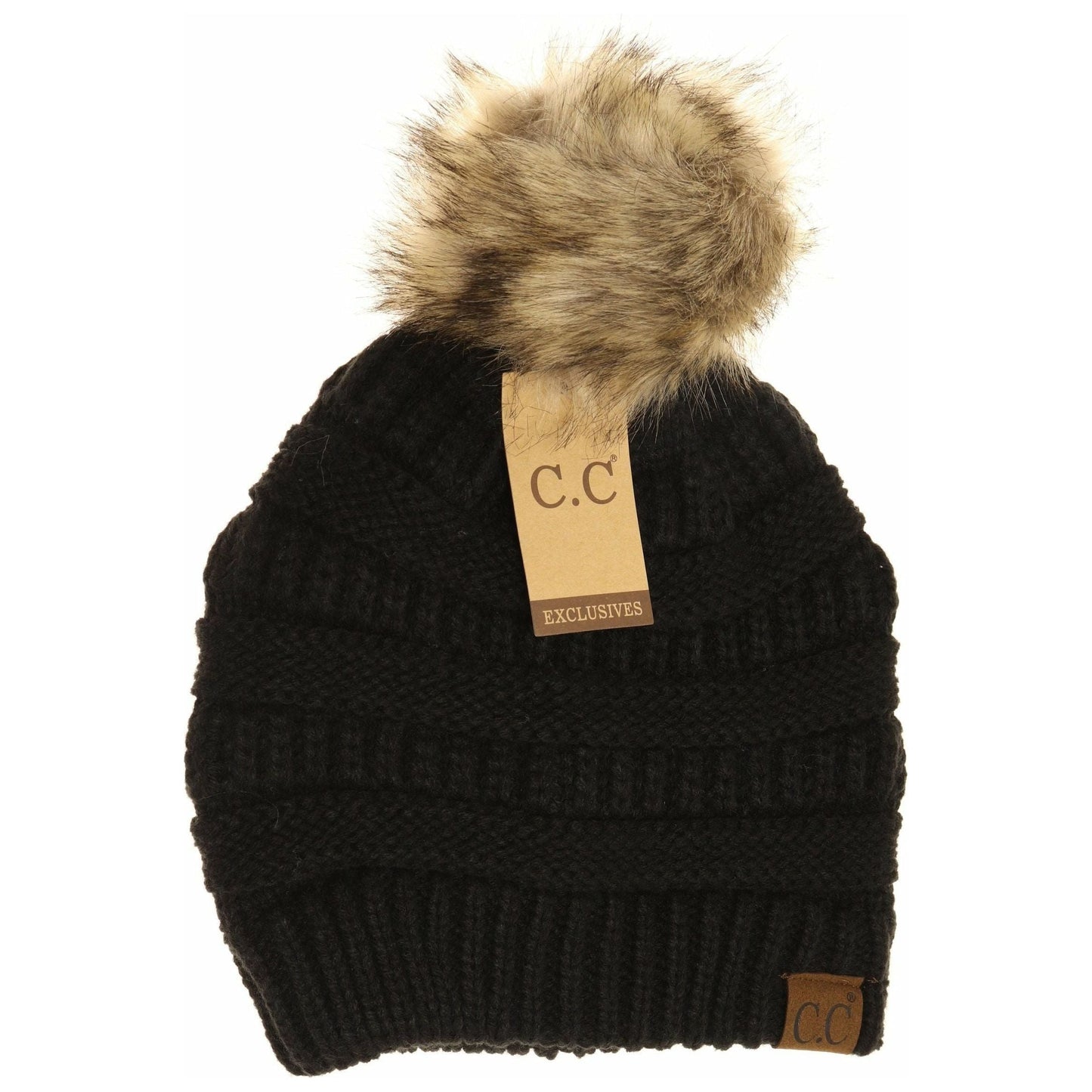 Black cc beanie with fur pom