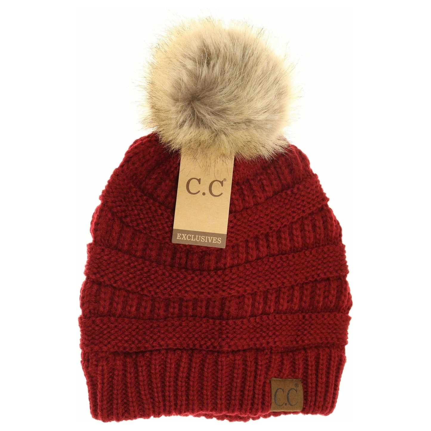 Burgundy cc beanie with fur pom