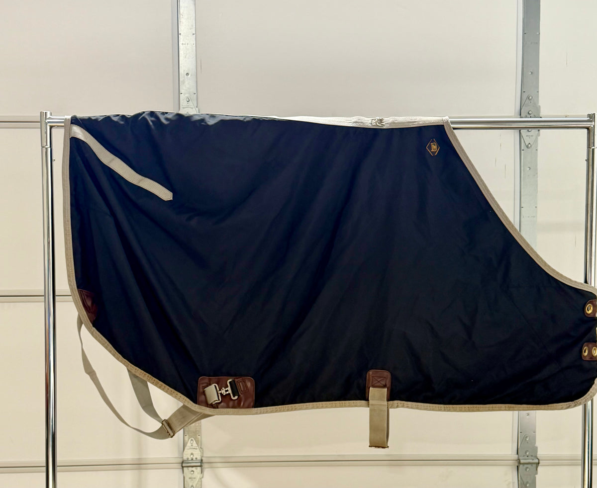 Used Big “D” Open Front Nylon Stable Sheet – 68” (Measures 70”) – Black & Silver