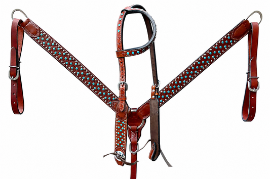 Premium Tooled Leather One Ear Headstall & Breastcollar Set