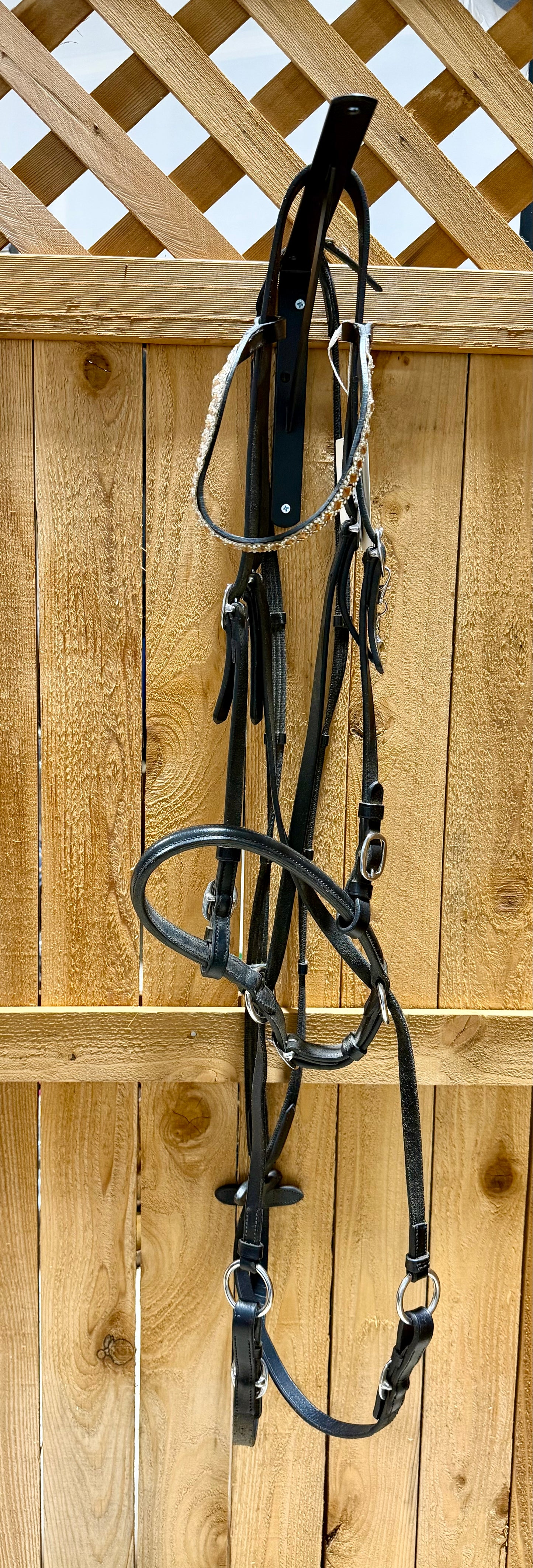 Used Black English Bitless Bridle with Bling Browband & Cotton Grip Reins – Full Size