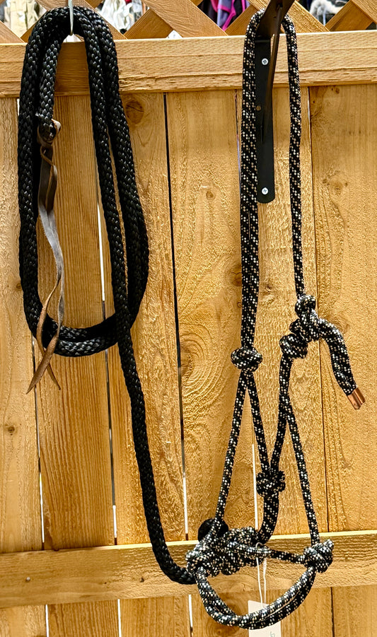 Used Rope Halter & 9’ Lead Rope Set – Black/Tan/White