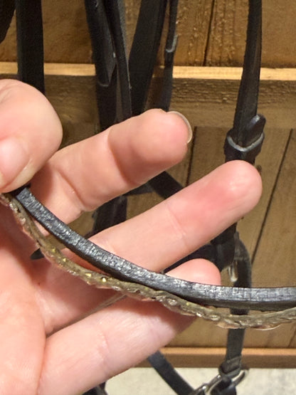 Used Black English Bitless Bridle with Bling Browband & Cotton Grip Reins – Full Size