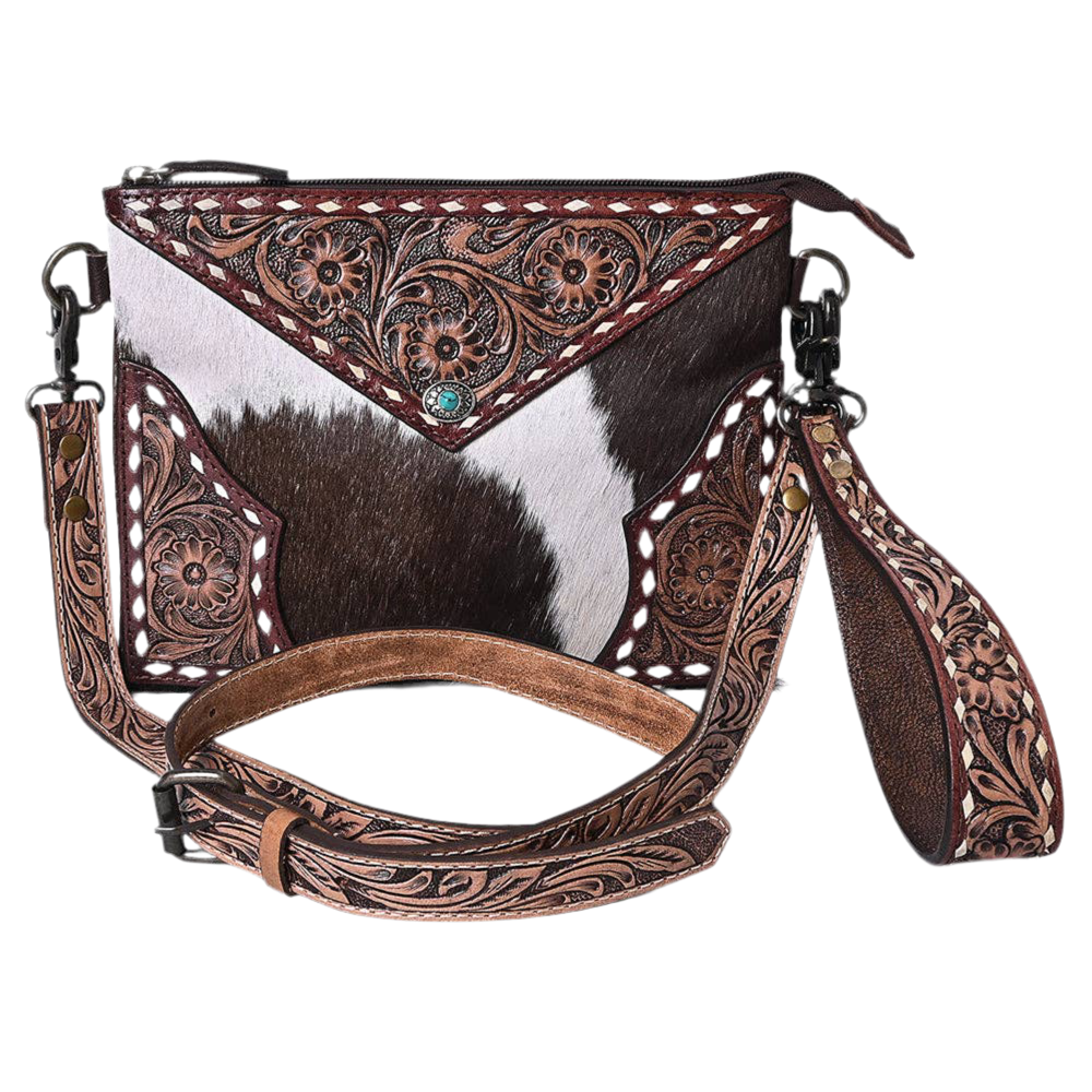Cross Body Hand Tooled Hair-On Genuine Leather Purse