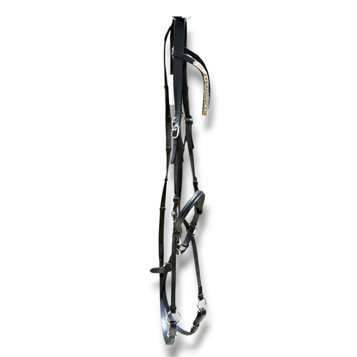 Used Black English Bitless Bridle with Bling Browband & Cotton Grip Reins – Full Size
