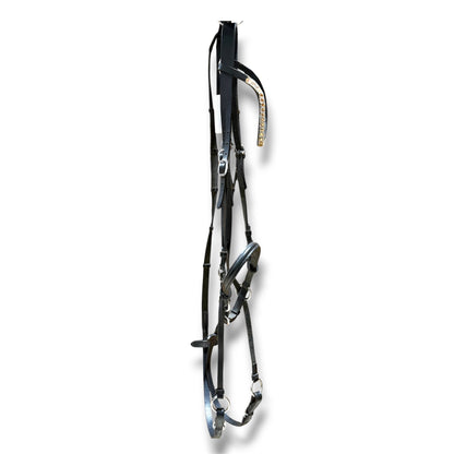 Used Black English Bitless Bridle with Bling Browband & Cotton Grip Reins – Full Size