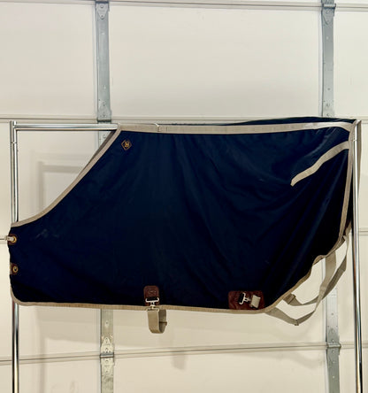 Used Big “D” Open Front Nylon Stable Sheet – 68” (Measures 70”) – Black & Silver