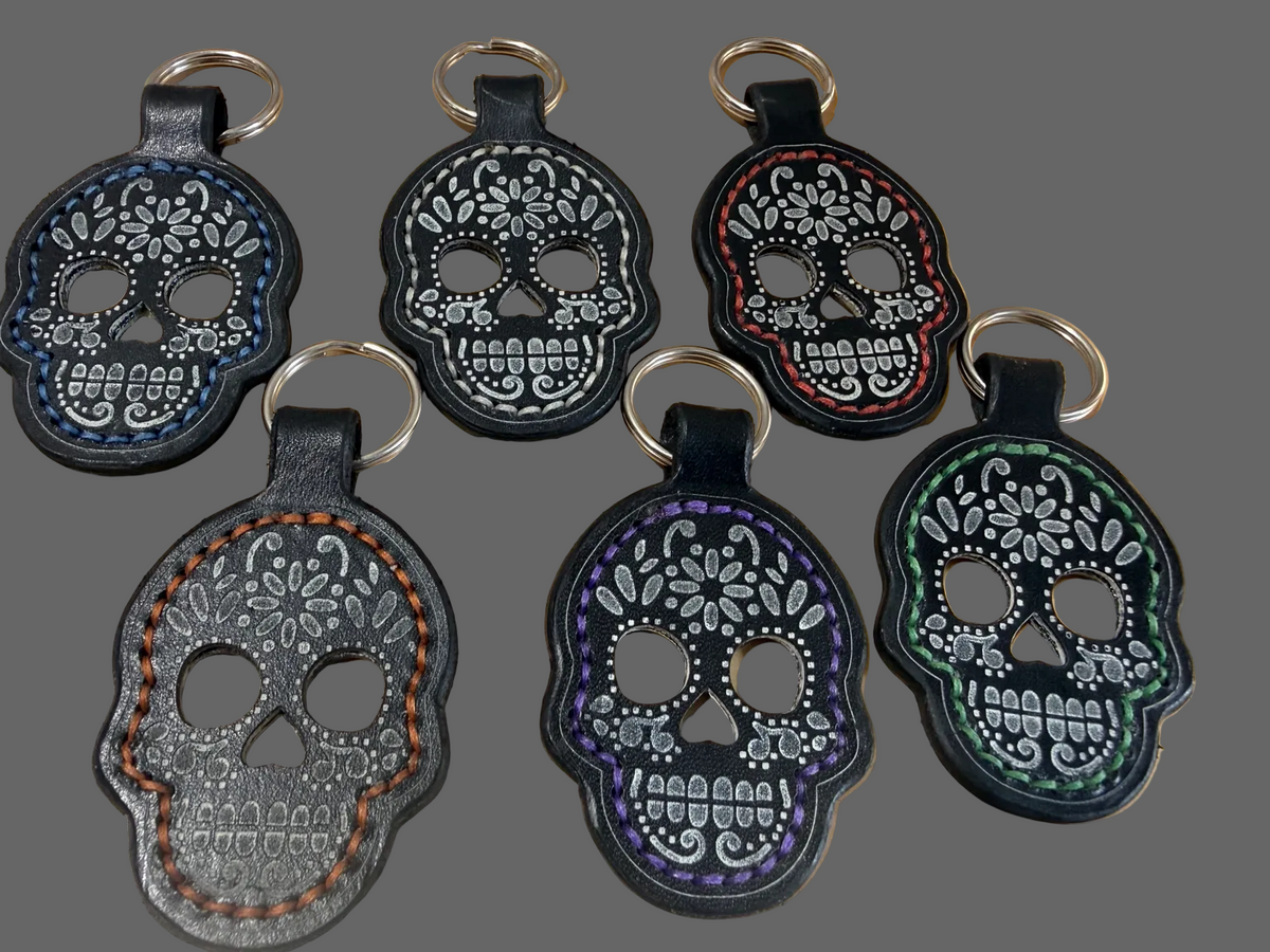 Leather Sugar Skull Keychain