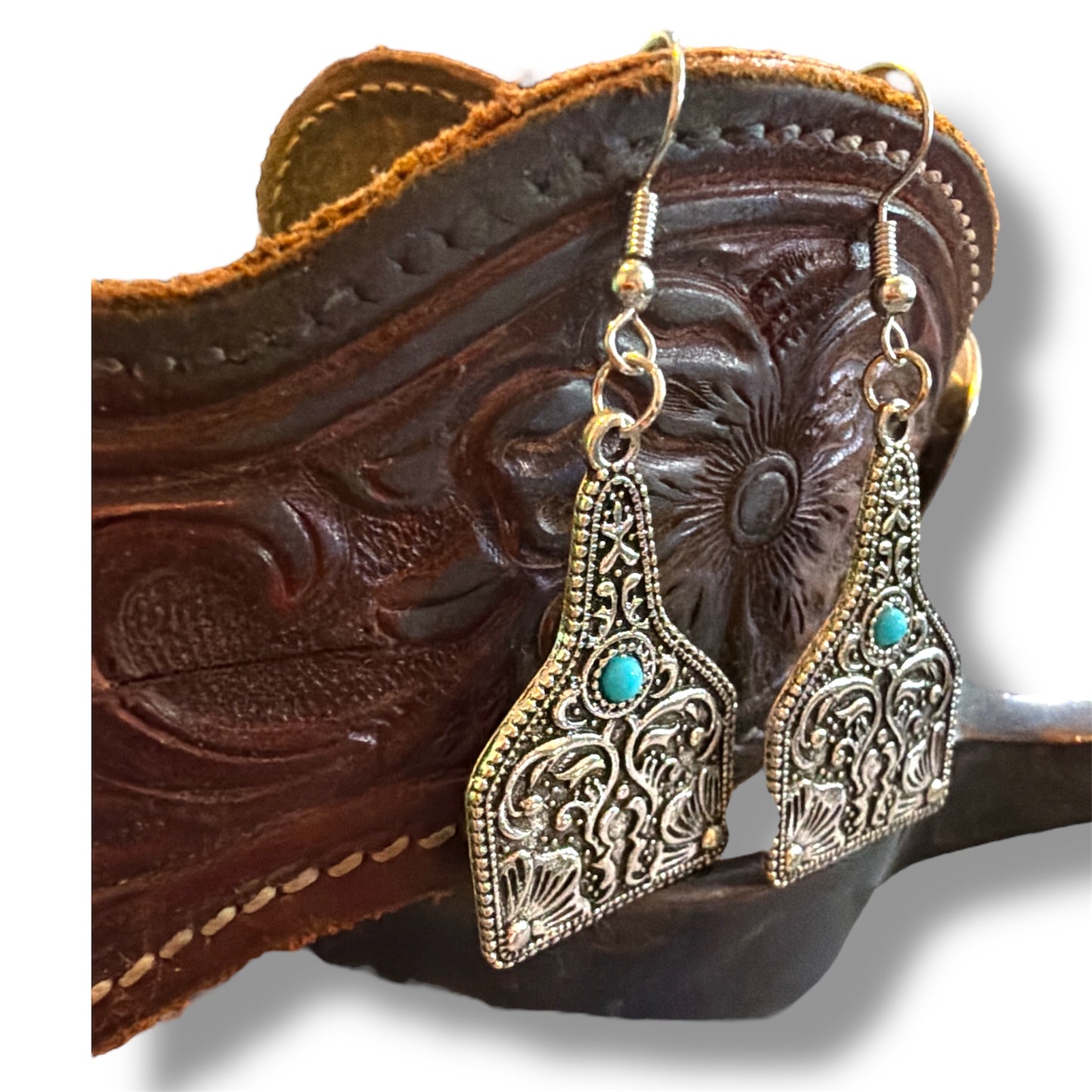 Cow Tag Western Faux Turquoise Earrings