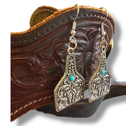 Cow Tag Western Faux Turquoise Earrings