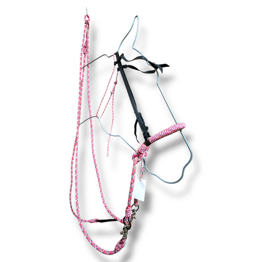 Leather Headstall with Rope Side Pull & Matching Romel Reins – Cob Size