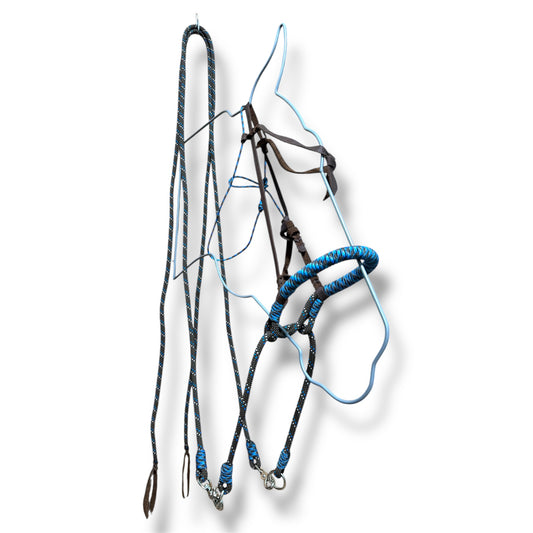 Leather Headstall with Rope Side Pull & Matching Split Reins – Horse Size