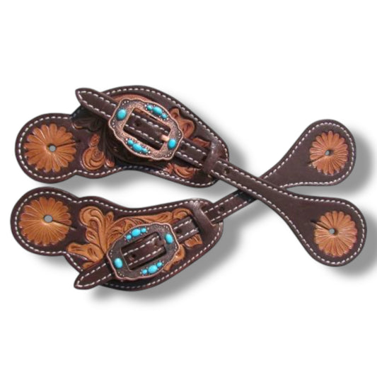 Ladies Tooled Leather Spur Straps with Vintage Copper Buckles