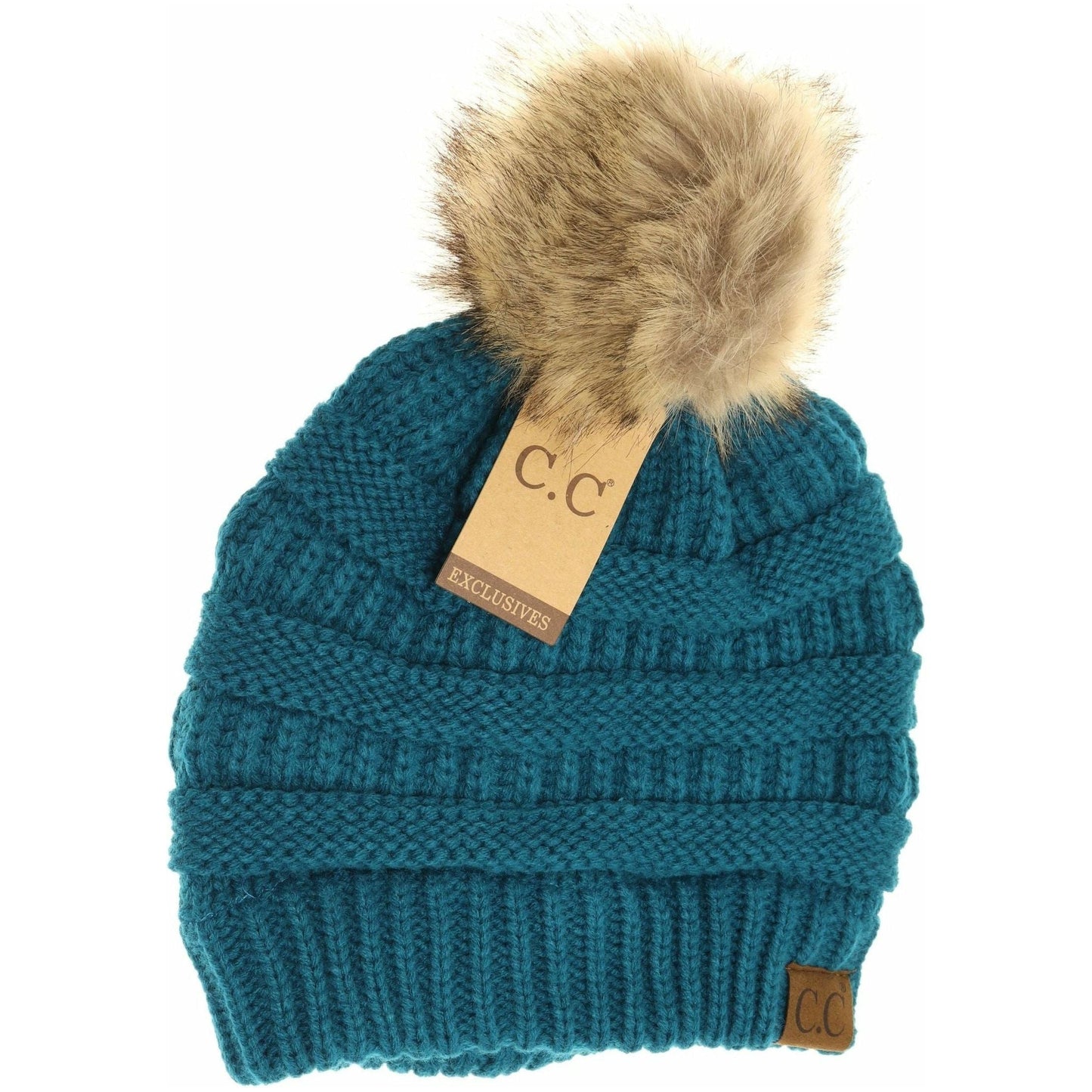 Teal cc beanie with fur pom