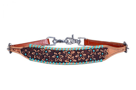 Leather wither strap tooled flowers & teal accents