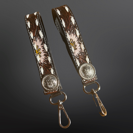 White Sunflower Concho Keychain with Buck Stitching
