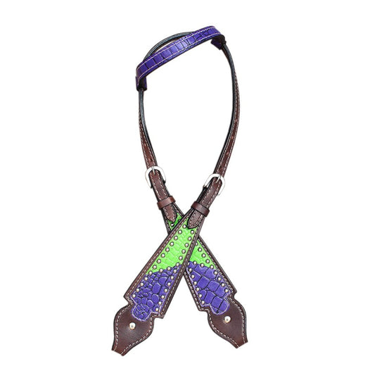 Single Ear Headstall – Green & Purple Vinyl Overlay with Metal Dots