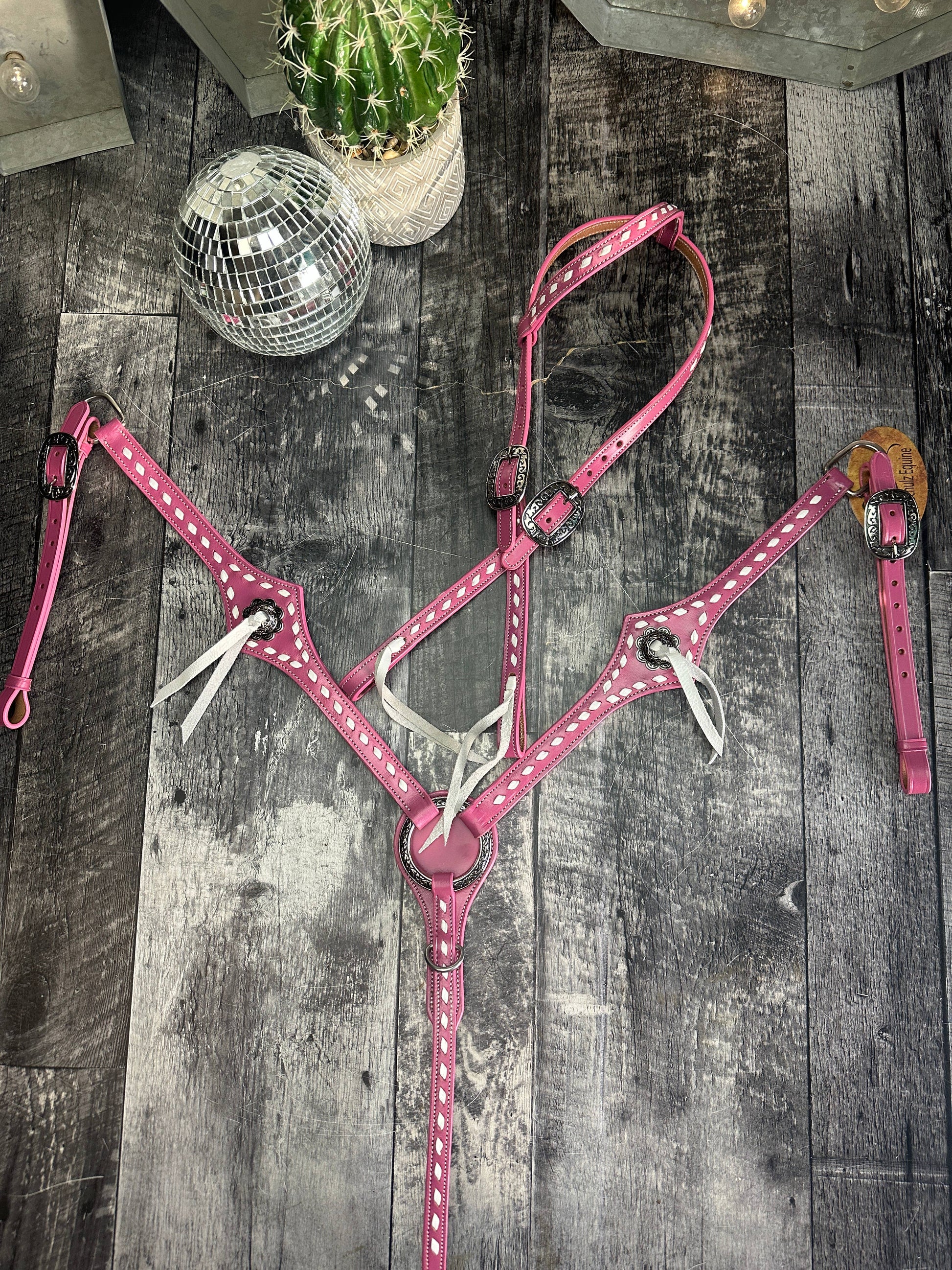 pink leather one ear headstall and breast collar tack set all