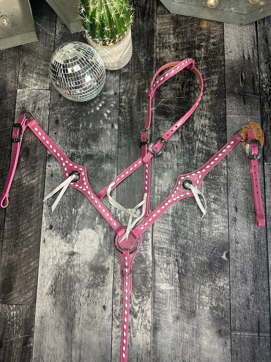 pink leather one ear headstall and breast collar tack set all